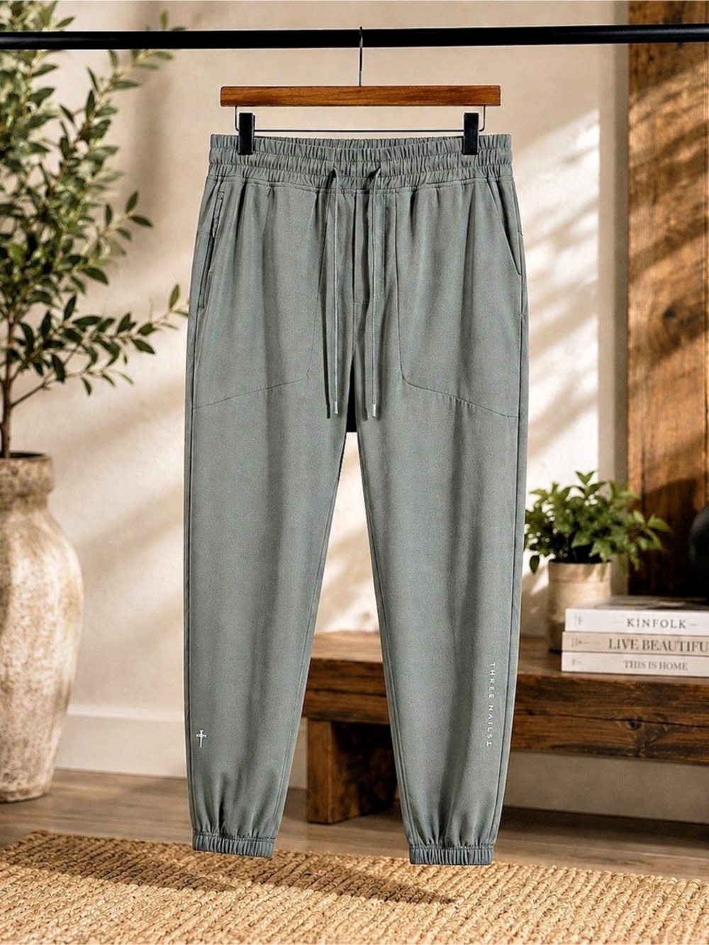 Three Nails COV Polyester Joggers Mens Small Sage Gray Green Performance Athleti